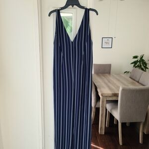 Sage Navy and White Vertical-Stripe V-Neck Jumpsuit